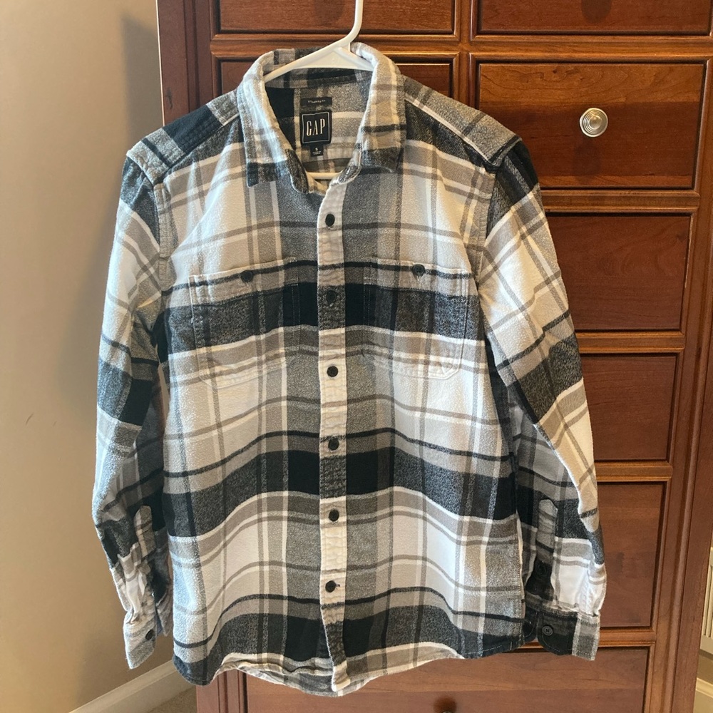 Gap men’s flannel shirt, plaid, blank, white, grey, standard fit, size small
